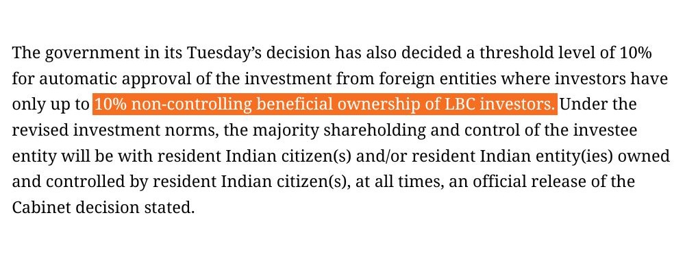 cabinet decided a threshold level of 10% for automatic approval of FDI